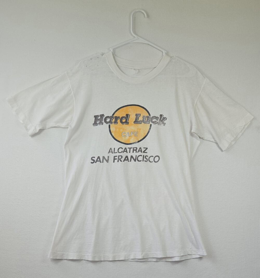 Vintage 90s Thrashed Hard Luck Cafe Alcatraz San Francisco T-Shirt Made Size S